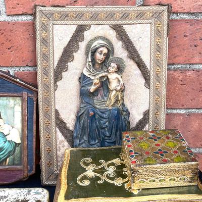 LOT 84 Group Religious Items Madonna & Child Italian Lacquer Boxes