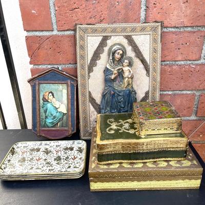 LOT 84 Group Religious Items Madonna & Child Italian Lacquer Boxes