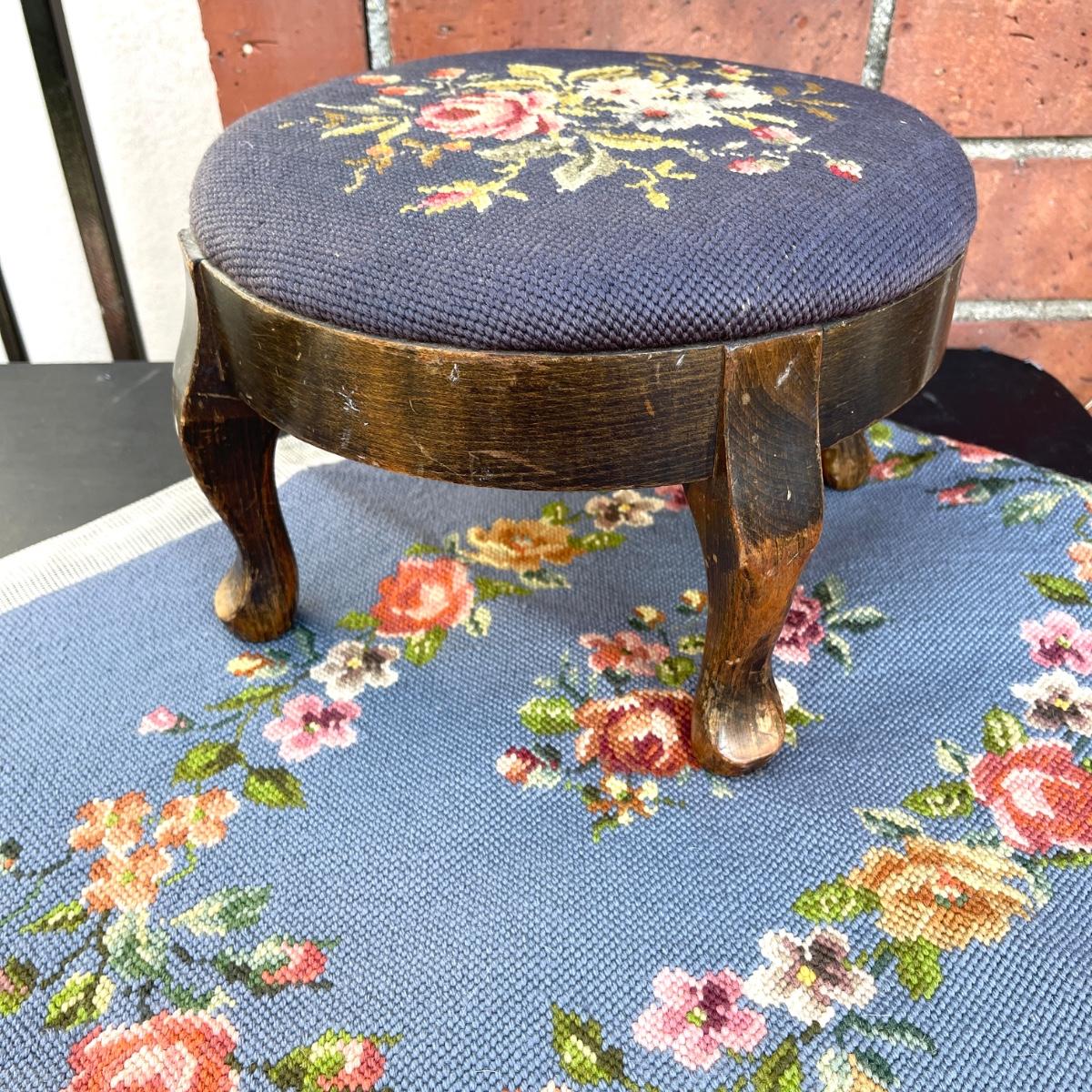 LOT 86 Antique Footstool with Needlepoint Top + Completed Needlepoint Panel 35x27