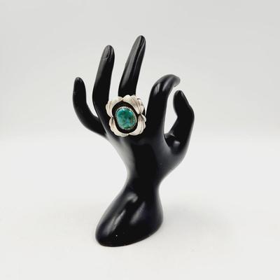 VINTAGE SIGNED STERLING SILVER & TURQUOISE RING SIZE 9