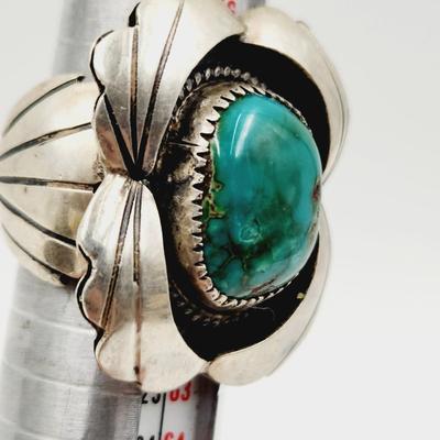 VINTAGE SIGNED STERLING SILVER & TURQUOISE RING SIZE 9