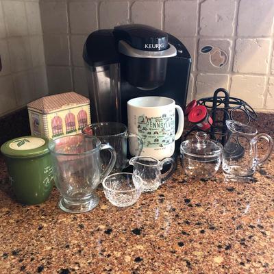 LOT 9: Keurig, K-cup Holder, Pennsylvania Coffee Cup, Clear Glass Mugs, Sugar & Creamer etc.