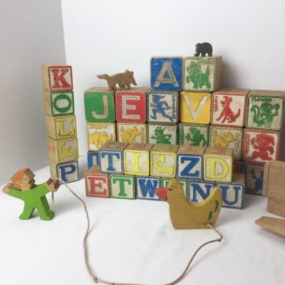 873 Vintage ABC Wooden Blocks & Hand Cut Animals