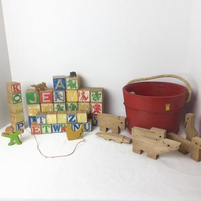 873 Vintage ABC Wooden Blocks & Hand Cut Animals