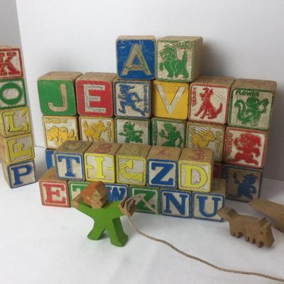 873 Vintage ABC Wooden Blocks & Hand Cut Animals
