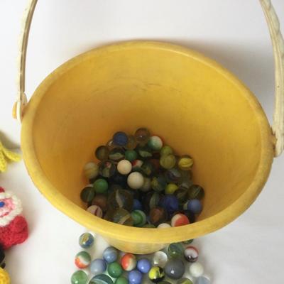 874 Vintage Crochet Puppets Bucket & Marbles