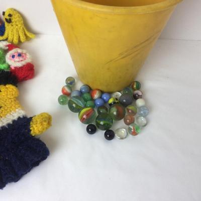 874 Vintage Crochet Puppets Bucket & Marbles