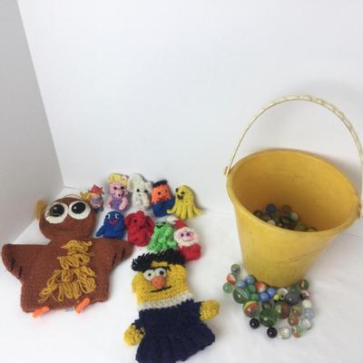 874 Vintage Crochet Puppets Bucket & Marbles