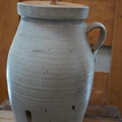Stoneware handled jug with letter stamp 14"