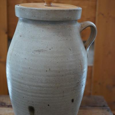 Stoneware handled jug with letter stamp 14"