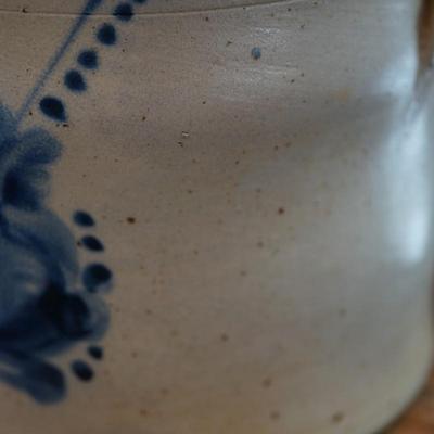 STONEWARE COBALT  TOMATO AND FEATHER /DECORATED HANDLED CROCK /FRUIT DECOR #3