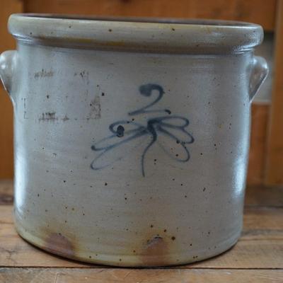 STONEWARE HANDLED CROCK INSECT COBALT BLUE DESIGN