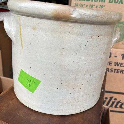 STONEWARE HANDLED CROCK INSECT COBALT BLUE DESIGN