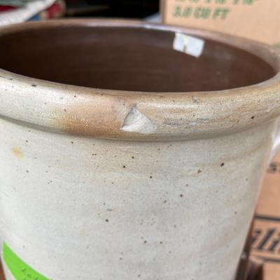 STONEWARE HANDLED CROCK INSECT COBALT BLUE DESIGN