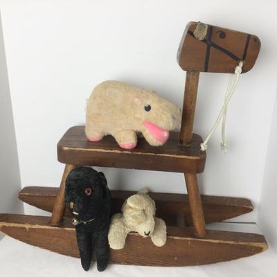 894 Vintage Wooden Rocking Horse & Assorted Stuffed Animals