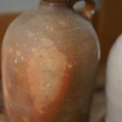 PAIR OF STONEWARE JUGS, REDWARE AND WHITE GLAZE