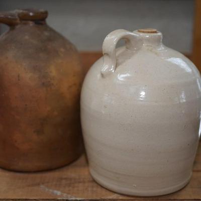 PAIR OF STONEWARE JUGS, REDWARE AND WHITE GLAZE