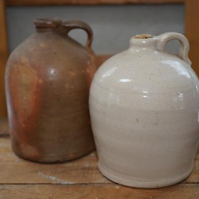 PAIR OF STONEWARE JUGS, REDWARE AND WHITE GLAZE