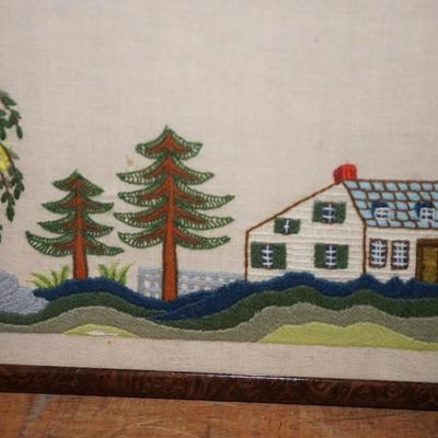 VINTAGE YARD LONG OF YARN ART HOMESTEAD WITH POND -WHIMSICAL