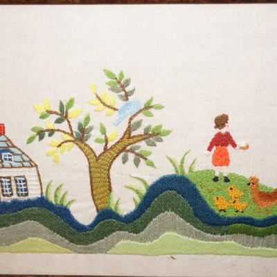VINTAGE YARD LONG OF YARN ART HOMESTEAD WITH POND -WHIMSICAL