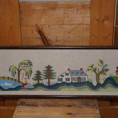 VINTAGE YARD LONG OF YARN ART HOMESTEAD WITH POND -WHIMSICAL