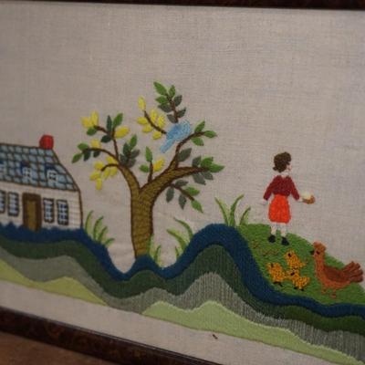 VINTAGE YARD LONG OF YARN ART HOMESTEAD WITH POND -WHIMSICAL