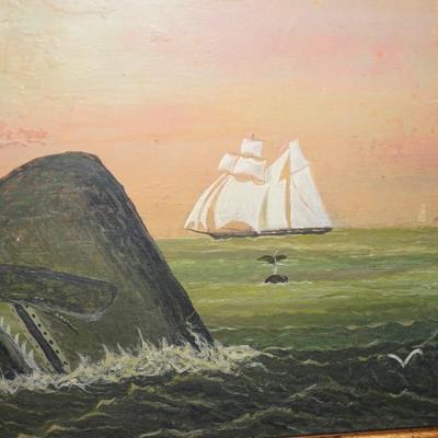 PRIMITIVE OIL ON BOARD OF WHALES AT SEA / FISHERMAN BOAT /SCHOONER