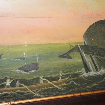 PRIMITIVE OIL ON BOARD OF WHALES AT SEA / FISHERMAN BOAT /SCHOONER
