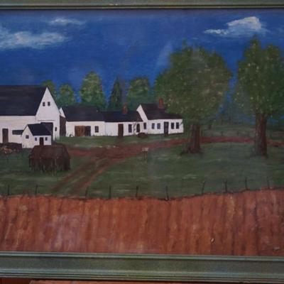 VINTAGE PAINTING OF WHITE BARN AND OUT BUILDINGS IN RUSTIC STYLE