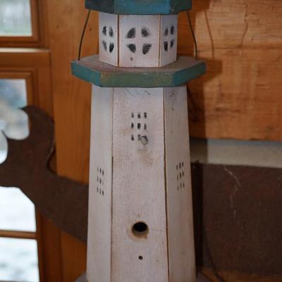 FOLK ART STYLE WOODEN LIGHTHOUSE /BIRDHOUSE & TIN WHALE CUT OUT