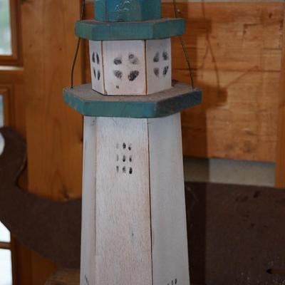 FOLK ART STYLE WOODEN LIGHTHOUSE /BIRDHOUSE & TIN WHALE CUT OUT