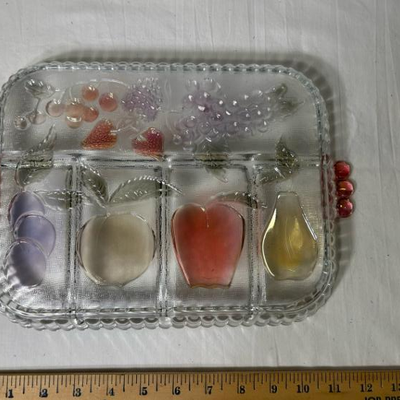 Vintage Indiana Divided Condiment Tray Embossed Fruit Designs Serving Dish in Color