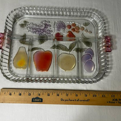 Vintage Indiana Divided Condiment Tray Embossed Fruit Designs Serving Dish in Color