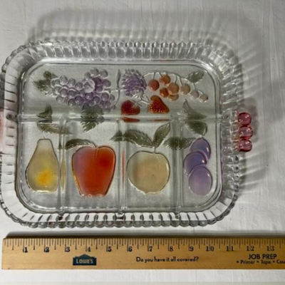 Vintage Indiana Divided Condiment Tray Embossed Fruit Designs Serving Dish in Color