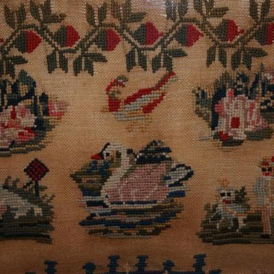 ANTIQUE SAMPLER MID 19TH CENTURY BERRY BORDER VIVID COLORS.