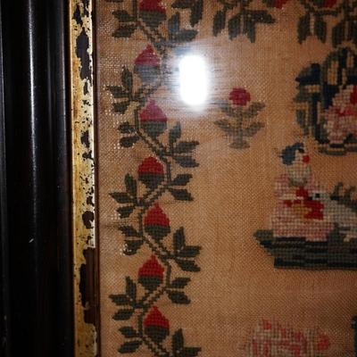 ANTIQUE SAMPLER MID 19TH CENTURY BERRY BORDER VIVID COLORS.