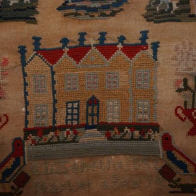 ANTIQUE SAMPLER MID 19TH CENTURY BERRY BORDER VIVID COLORS.