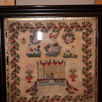 ANTIQUE SAMPLER MID 19TH CENTURY BERRY BORDER VIVID COLORS.
