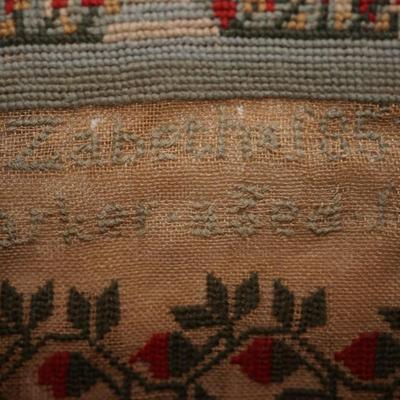 ANTIQUE SAMPLER MID 19TH CENTURY BERRY BORDER VIVID COLORS.