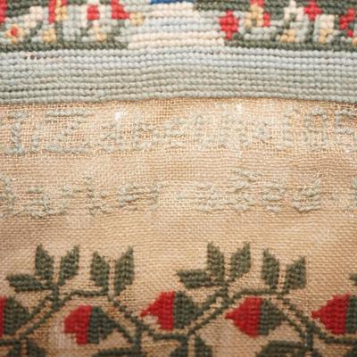 ANTIQUE SAMPLER MID 19TH CENTURY BERRY BORDER VIVID COLORS.