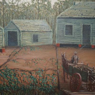 PRIMTIVE PAINTING OF 1860 SOUTH SLAVE SHACKS