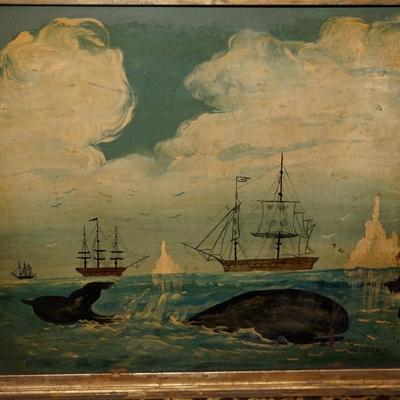 19th CENTURY PAINTING OF WHALES  WITH SCHOONERS IN BACK GROUND/ANTIQUE FRAME