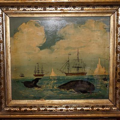 19th CENTURY PAINTING OF WHALES  WITH SCHOONERS IN BACK GROUND/ANTIQUE FRAME