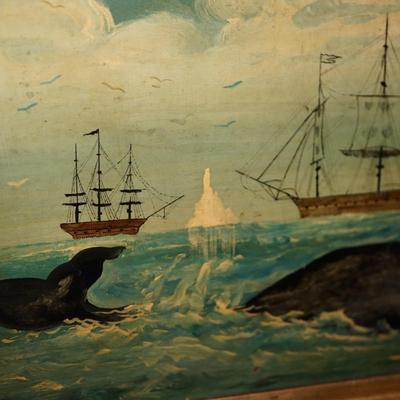 19th CENTURY PAINTING OF WHALES  WITH SCHOONERS IN BACK GROUND/ANTIQUE FRAME