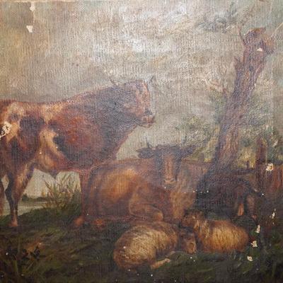 GROUPING OFANTIQUE  PRIMITIVE UNFRAMED OIL ON CANVAS AS IS
