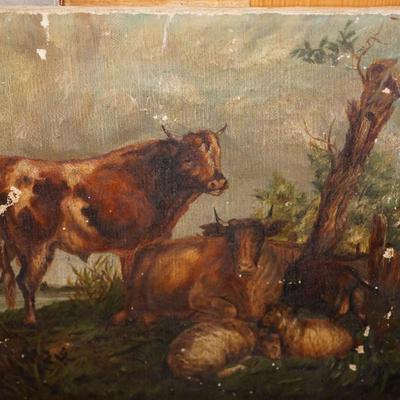 GROUPING OFANTIQUE  PRIMITIVE UNFRAMED OIL ON CANVAS AS IS