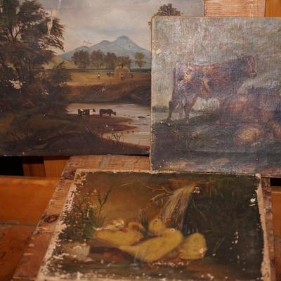 GROUPING OFANTIQUE  PRIMITIVE UNFRAMED OIL ON CANVAS AS IS