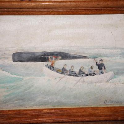 PRIMITIVE PAINTING OF INUIT WHALE BOAT /FRAMED IN OAK FRAM