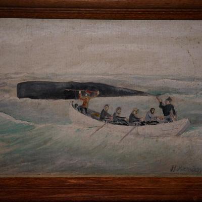 PRIMITIVE PAINTING OF INUIT WHALE BOAT /FRAMED IN OAK FRAM