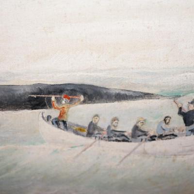 PRIMITIVE PAINTING OF INUIT WHALE BOAT /FRAMED IN OAK FRAM